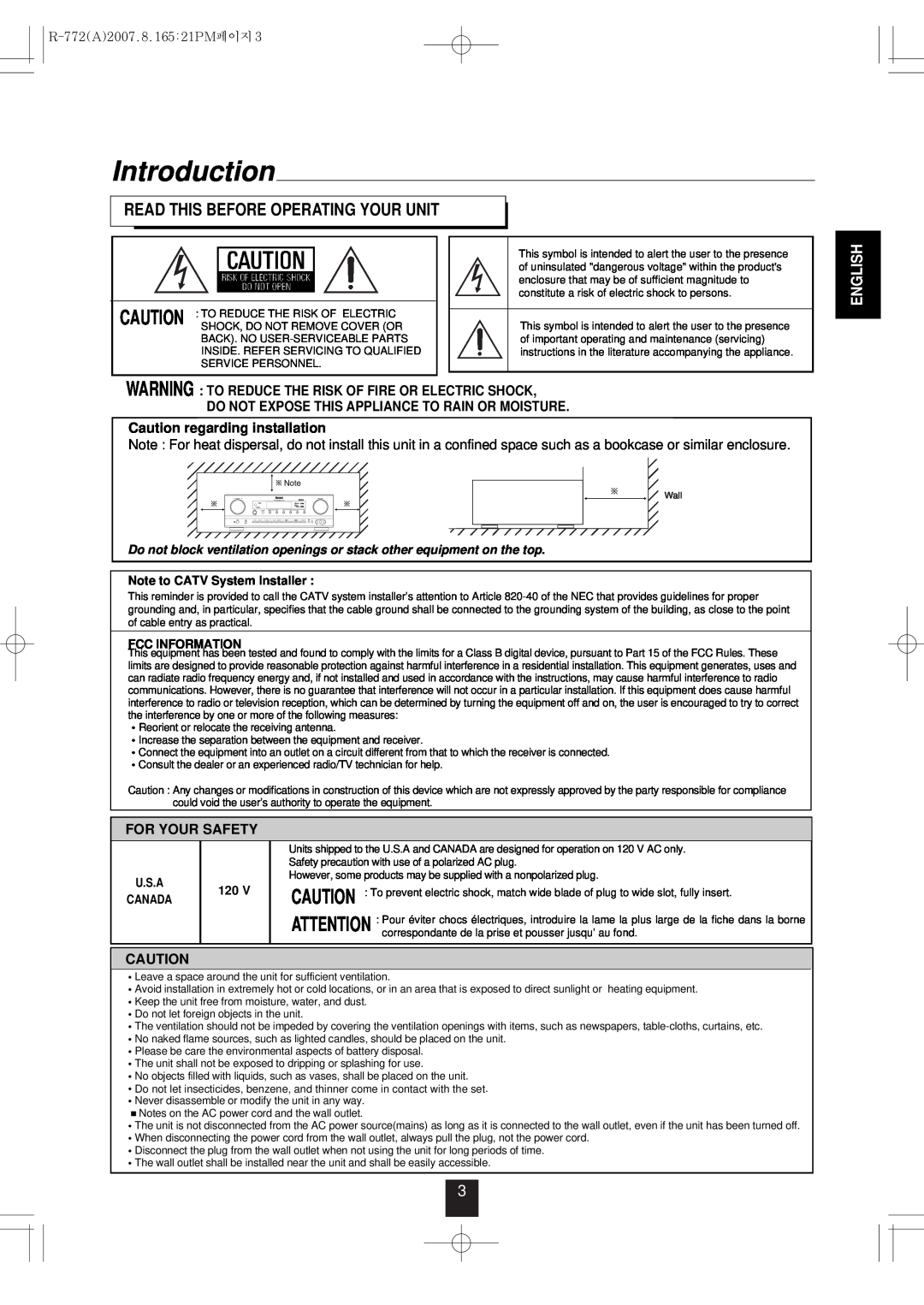Sherwood R-772 manual Introduction, Read This Before Operating Your Unit, Do Not Expose This Appliance To Rain Or Moisture 