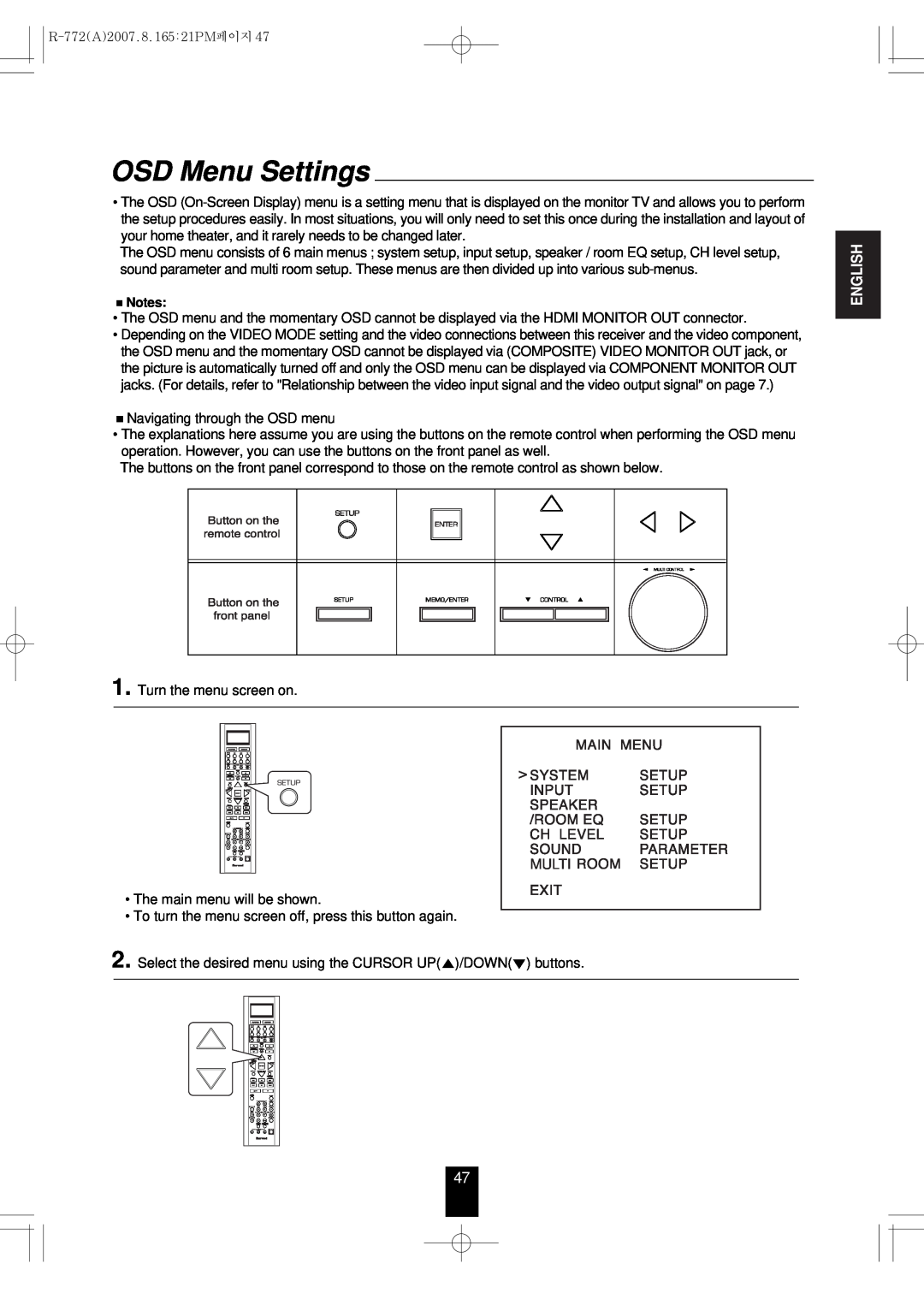 Sherwood R-772 manual OSD Menu Settings, Multi, English 