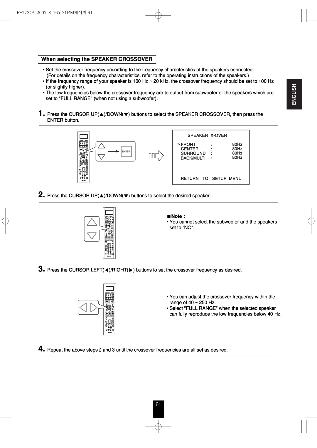 Sherwood R-772 manual When selecting the SPEAKER CROSSOVER, English 