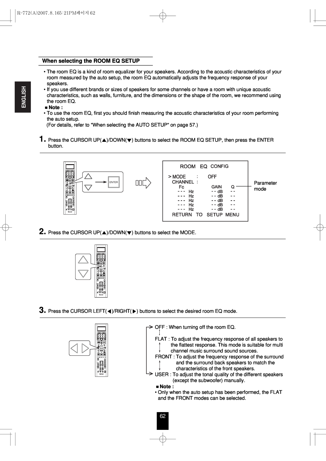 Sherwood R-772 manual When selecting the ROOM EQ SETUP, English 