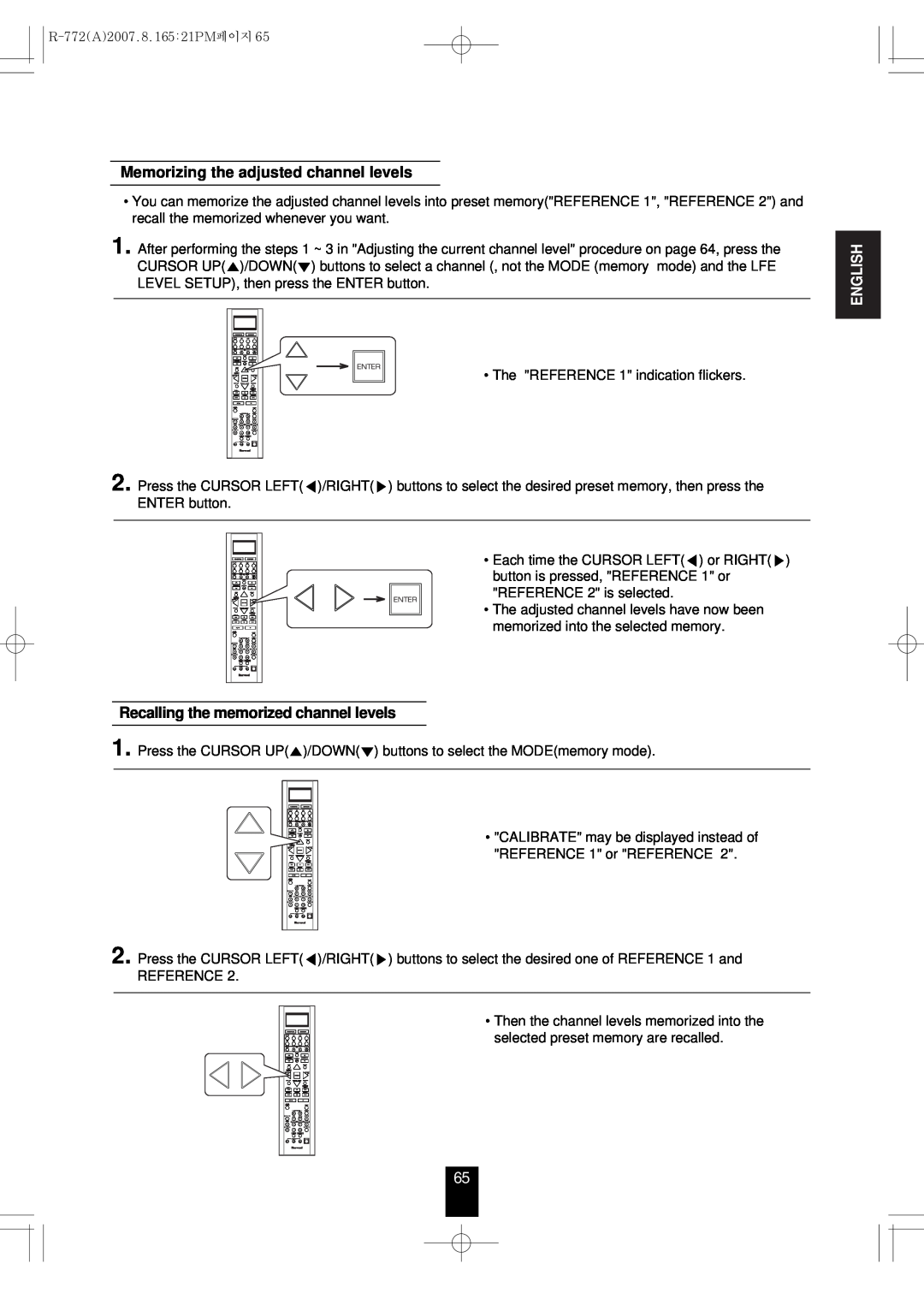 Sherwood R-772 manual Memorizing the adjusted channel levels, Recalling the memorized channel levels, English 