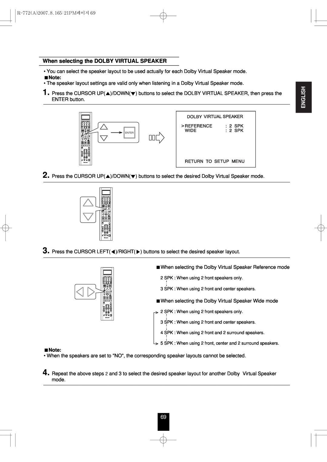 Sherwood R-772 manual When selecting the DOLBY VIRTUAL SPEAKER, English, SPK : When using 2 front speakers only 