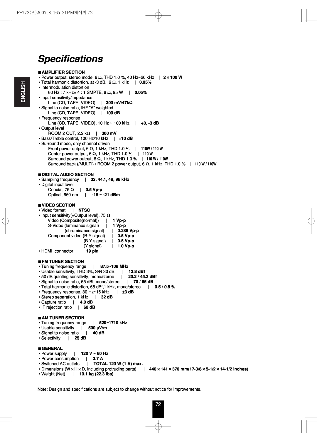 Sherwood R-772 manual Specifications, English 