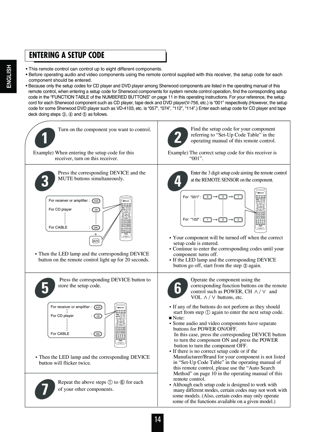 Sherwood R-863 manual Entering a Setup Code, Vol 