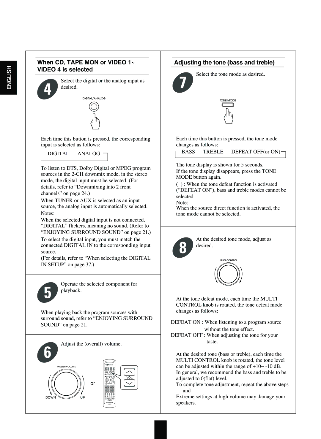 Sherwood R-863 manual When CD, Tape MON or Video 1~ Video 4 is selected, Adjusting the tone bass and treble, Digital Analog 