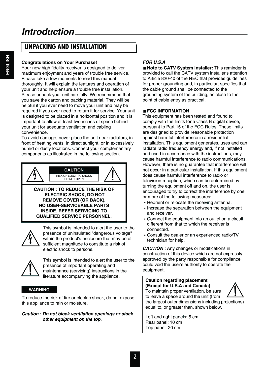 Sherwood R-863 manual Introduction, Unpacking and Installation 