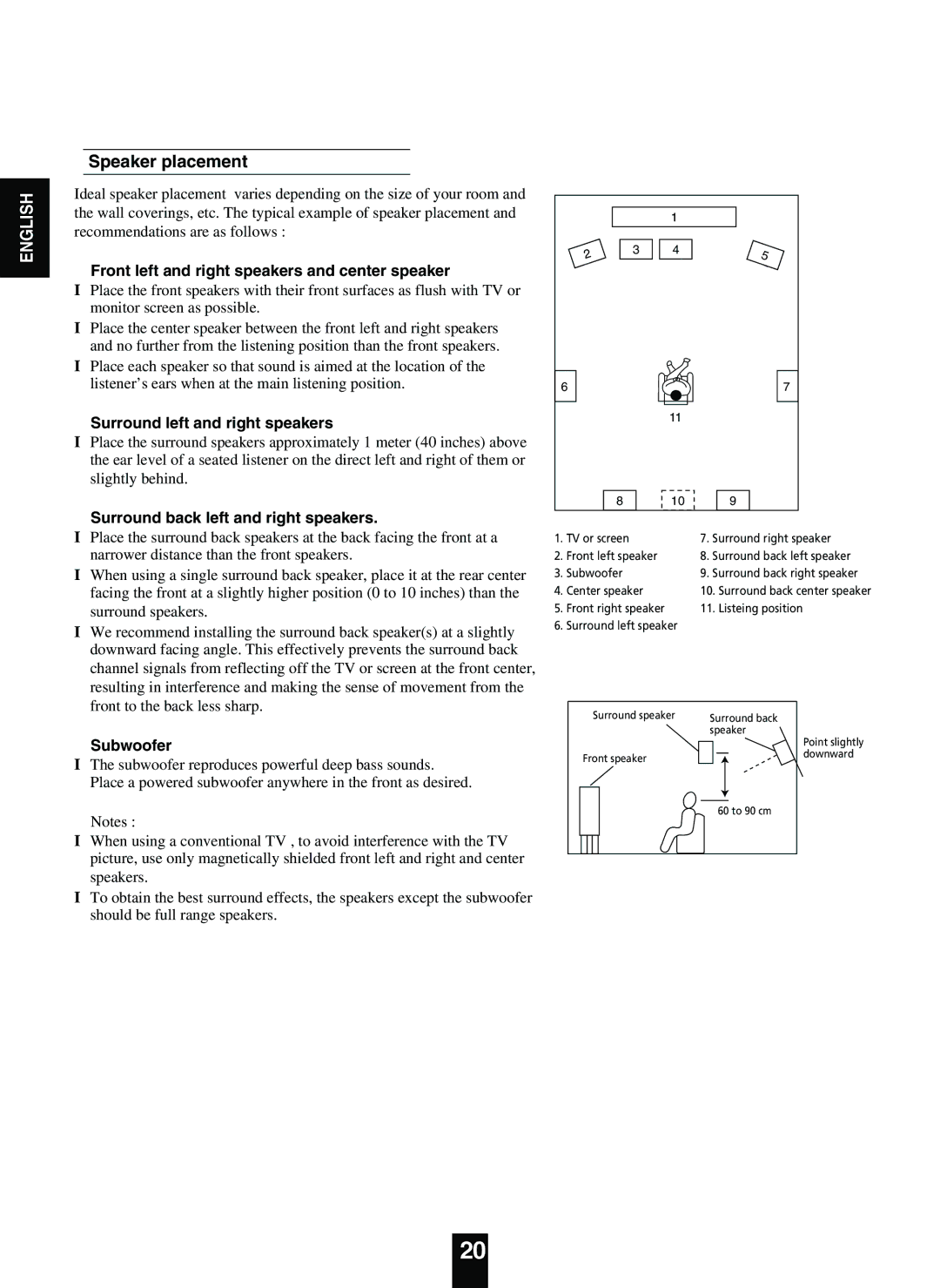 Sherwood R-863 manual Speaker placement, Front left and right speakers and center speaker 