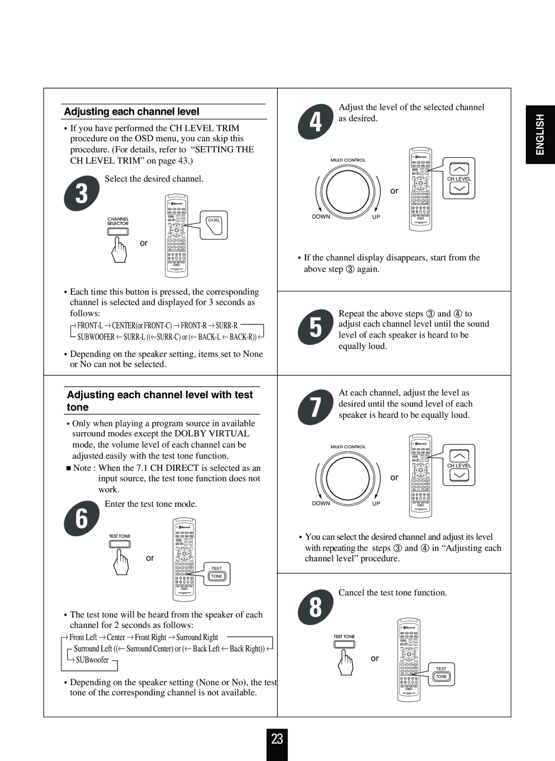 Sherwood R-863 manual Adjusting each channel level with test, Tone 