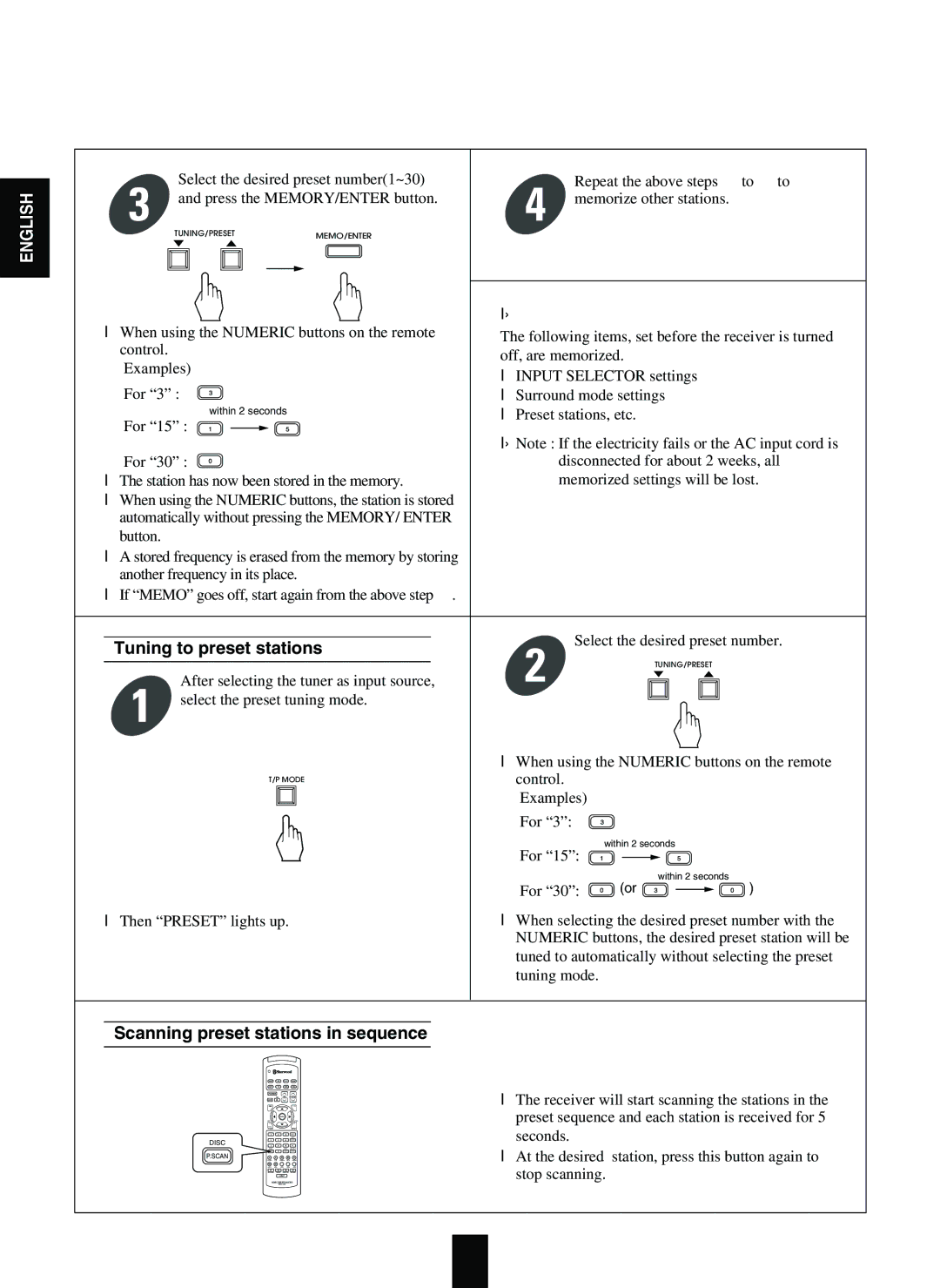 Sherwood R-863 manual Tuning to preset stations, Scanning preset stations in sequence 