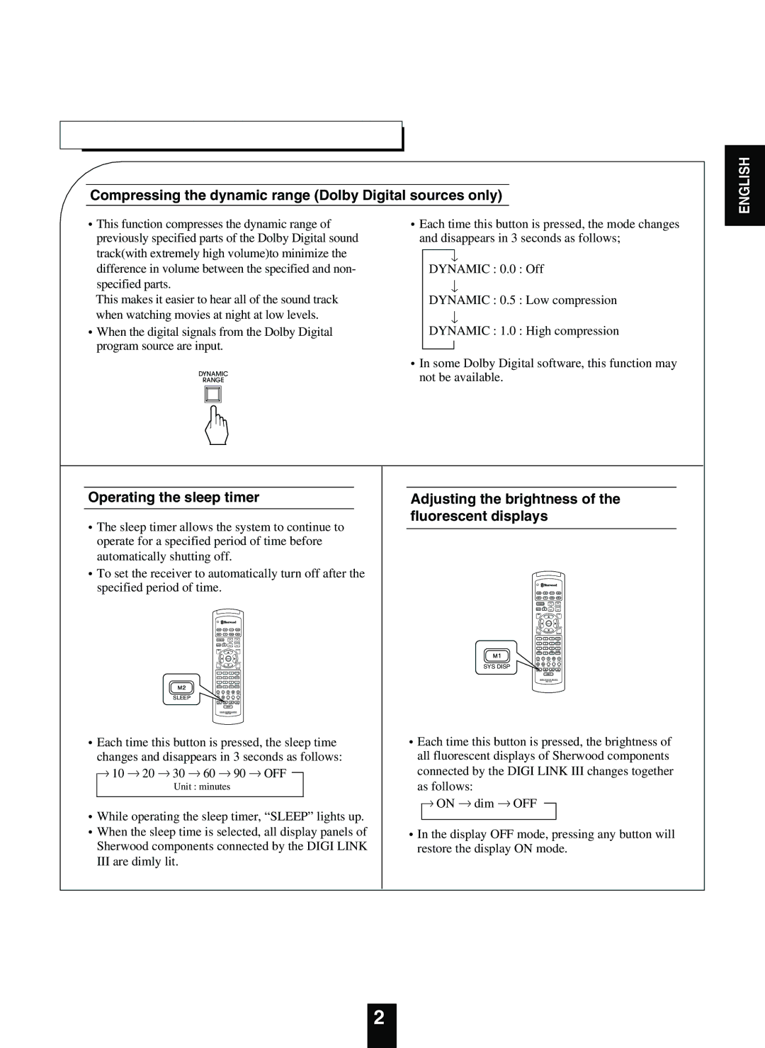 Sherwood R-863 manual Other Functions, Compressing the dynamic range Dolby Digital sources only, Operating the sleep timer 