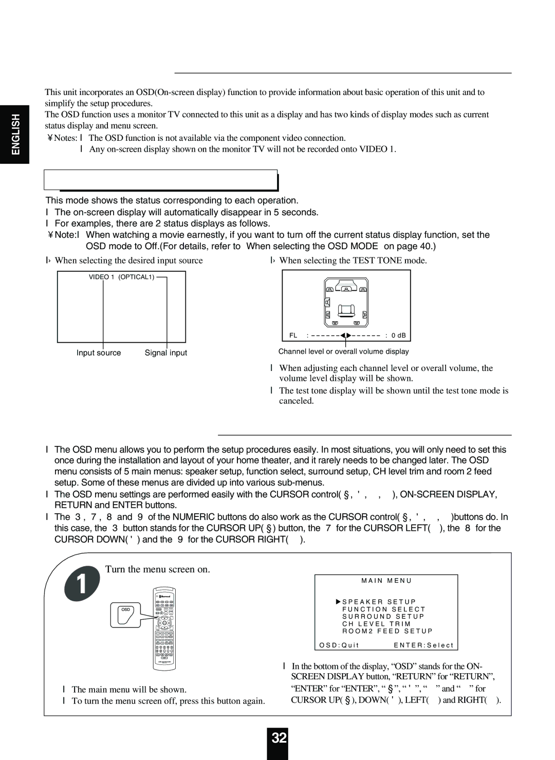 Sherwood R-863 manual Using the OSD, OSD Menu Settings, Current Status Display 