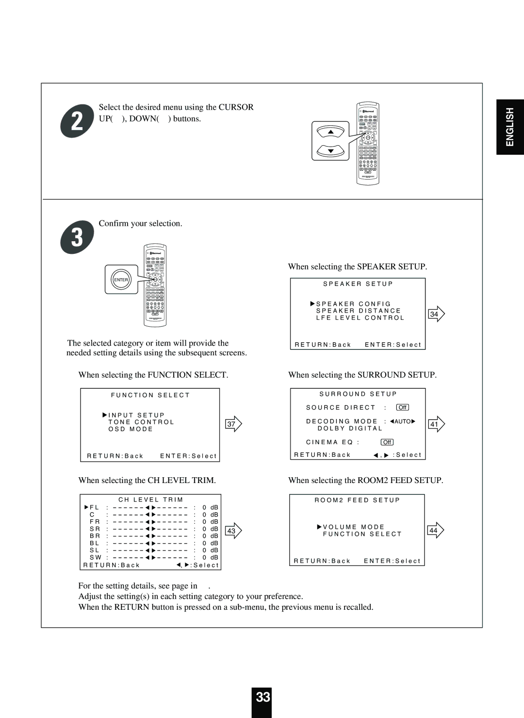 Sherwood R-863 manual Select the desired menu using the Cursor UP , Down buttons, When selecting the CH Level Trim 