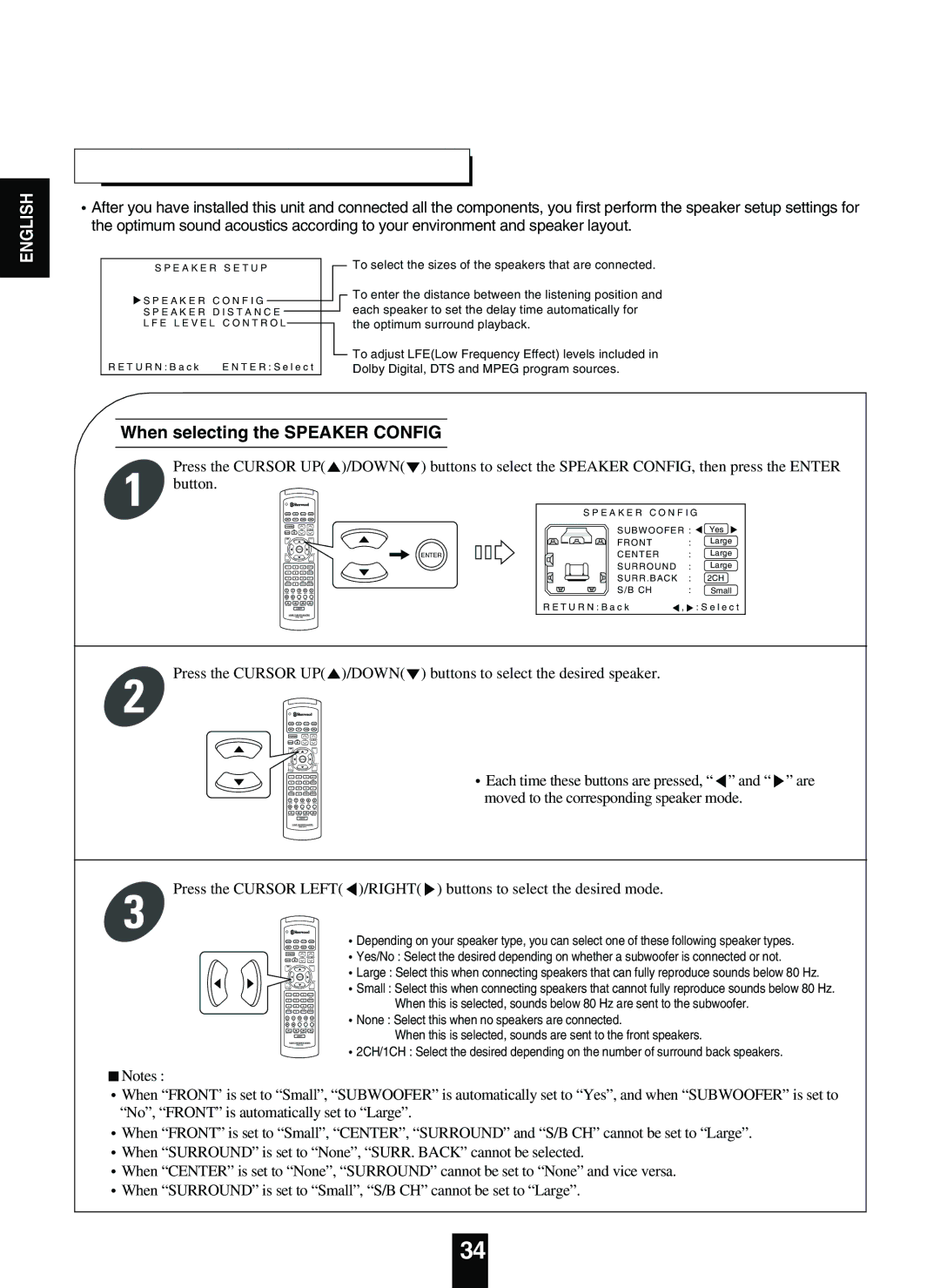 Sherwood R-863 manual Setting the Speaker Setup, When selecting the Speaker Config, Press the Cursor UP 