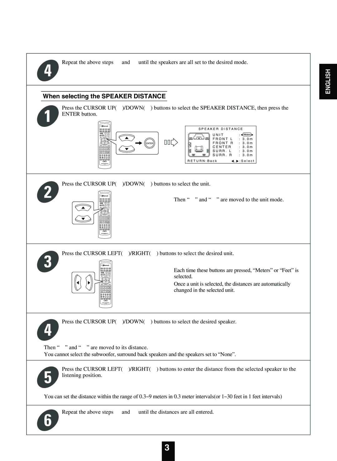 Sherwood R-863 manual When selecting the Speaker Distance, Enter button 