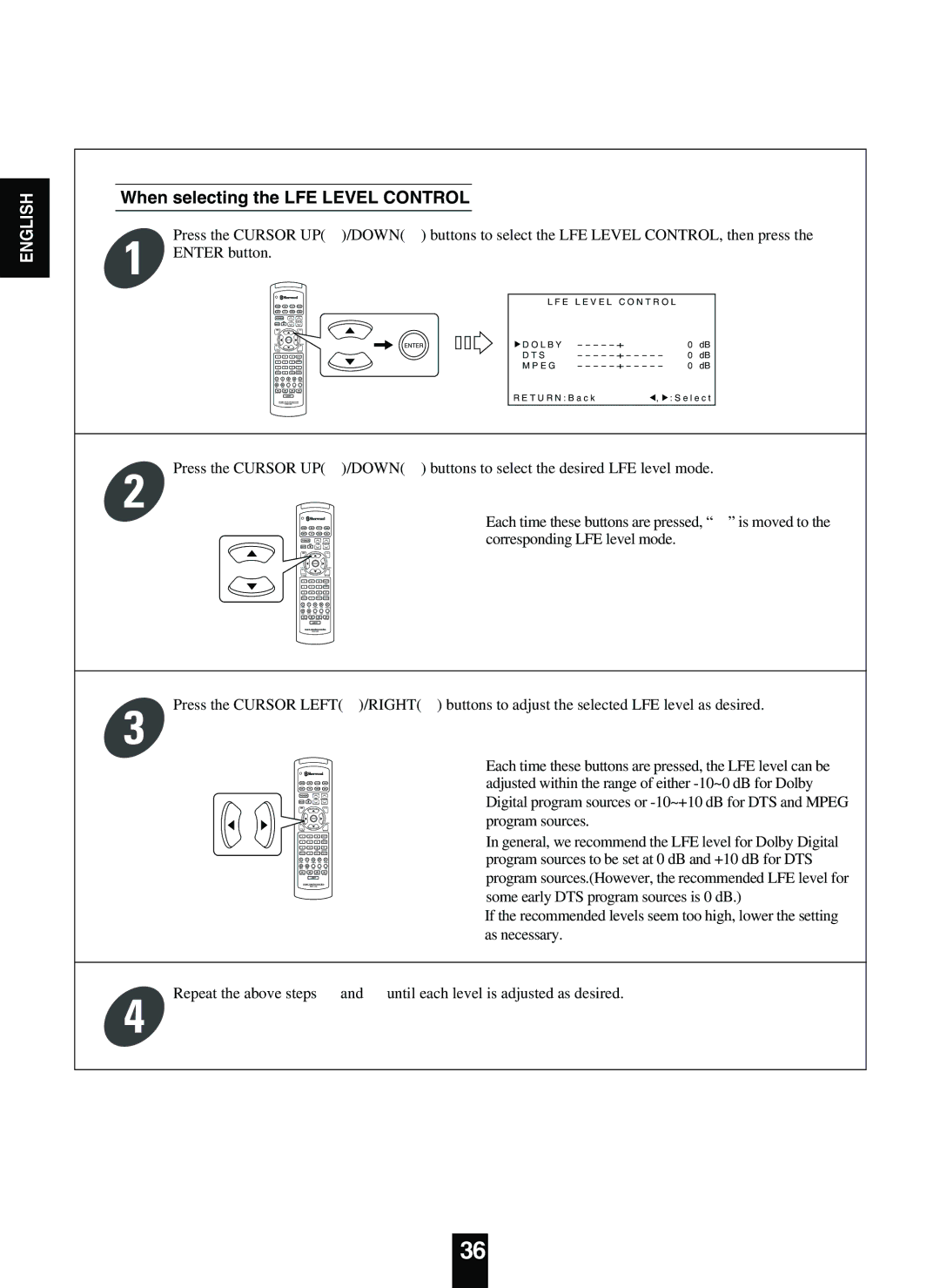 Sherwood R-863 manual When selecting the LFE Level Control, Buttons to select the desired LFE level mode 