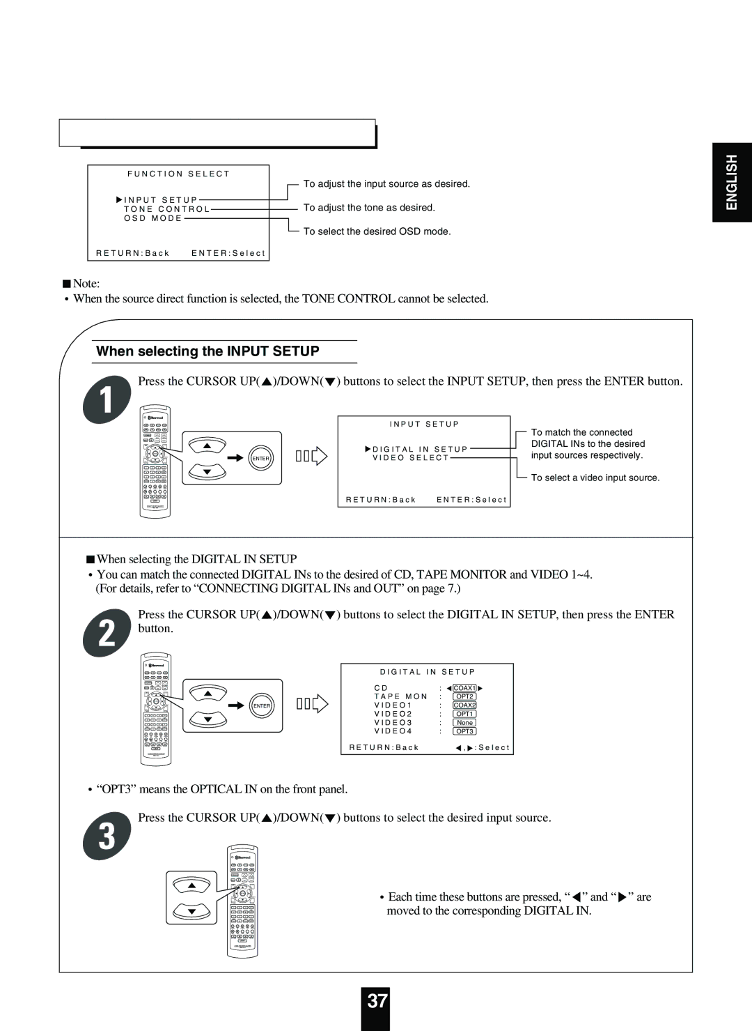 Sherwood R-863 manual Setting the Function Select, When selecting the Input Setup, Press the Cursor UP /DOWN 