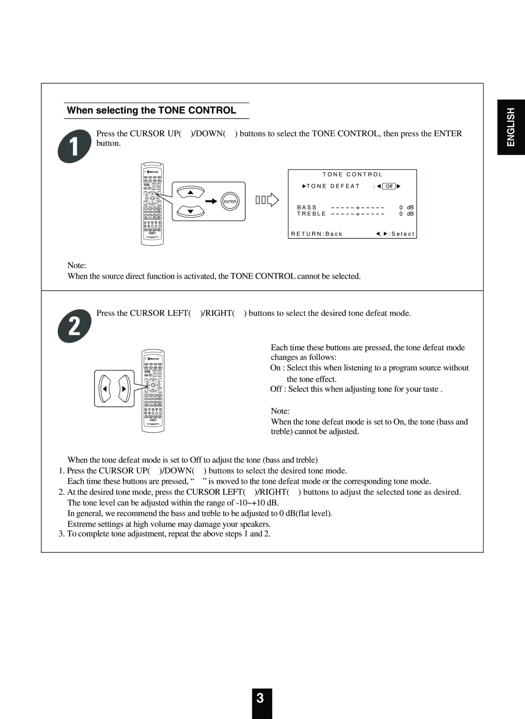 Sherwood R-863 manual When selecting the Tone Control, Changes as follows, Tone effect, Treble cannot be adjusted 