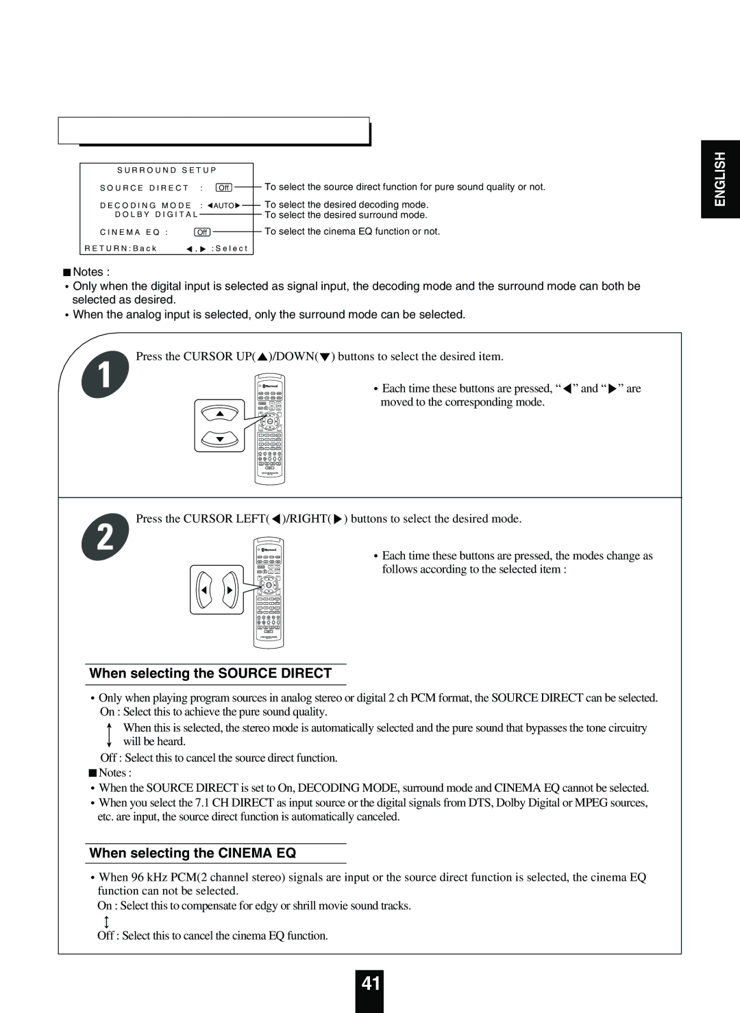 Sherwood R-863 manual Setting the Surround Setup, When selecting the Source Direct, When selecting the Cinema EQ 