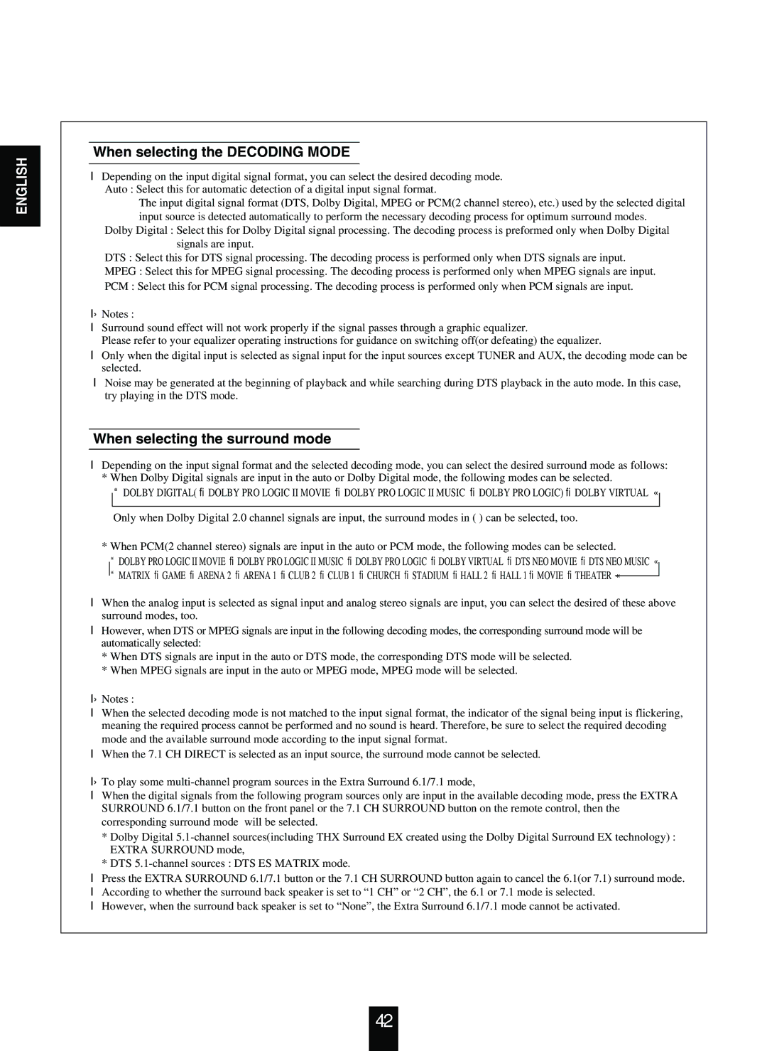 Sherwood R-863 manual When selecting the Decoding Mode, When selecting the surround mode 