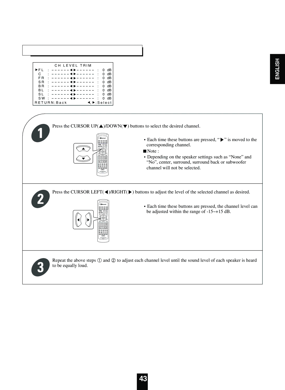 Sherwood R-863 manual Setting the CH Level Trim 