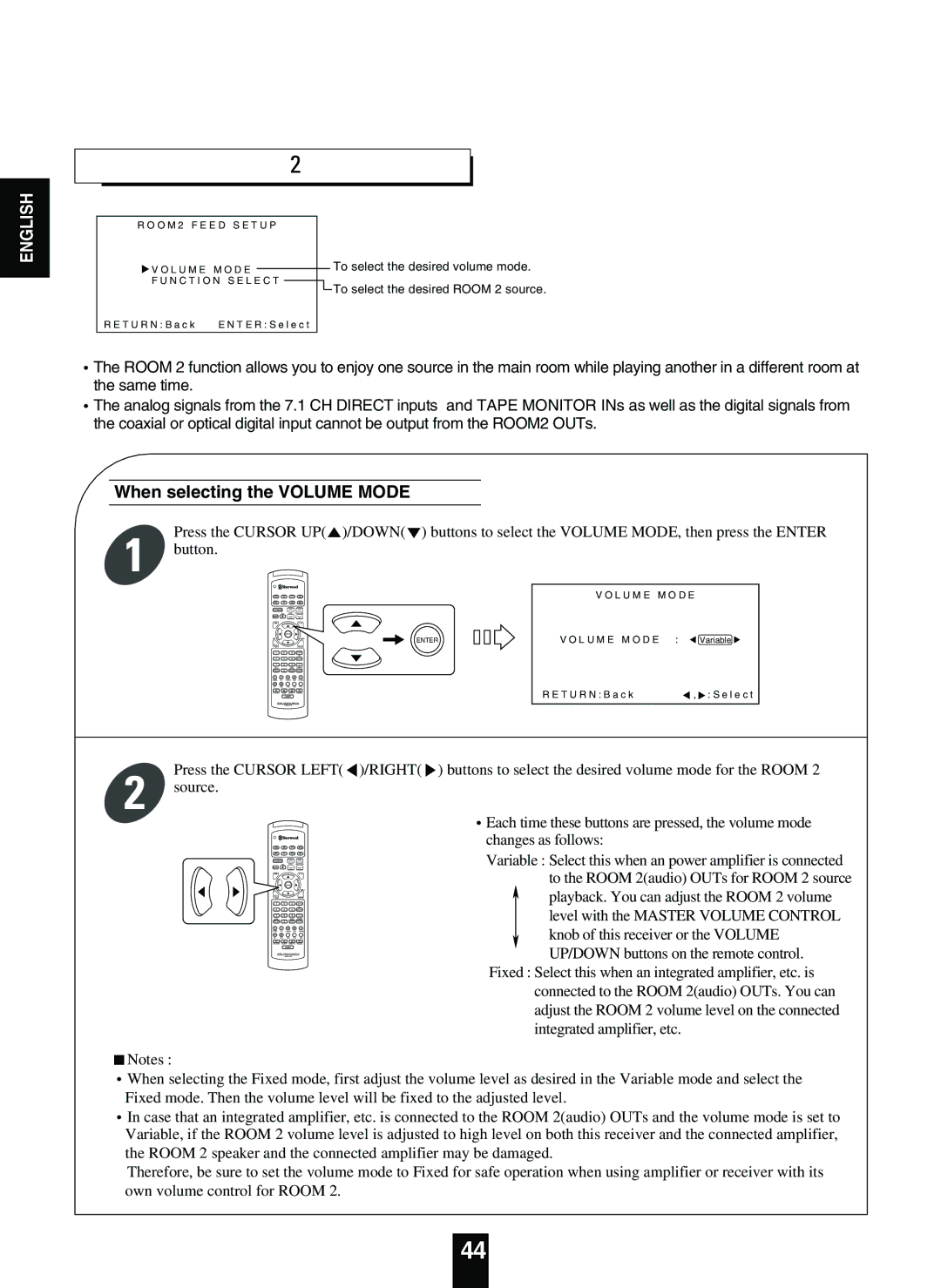 Sherwood R-863 manual Setting the ROOM2 Feed Setup, When selecting the Volume Mode 