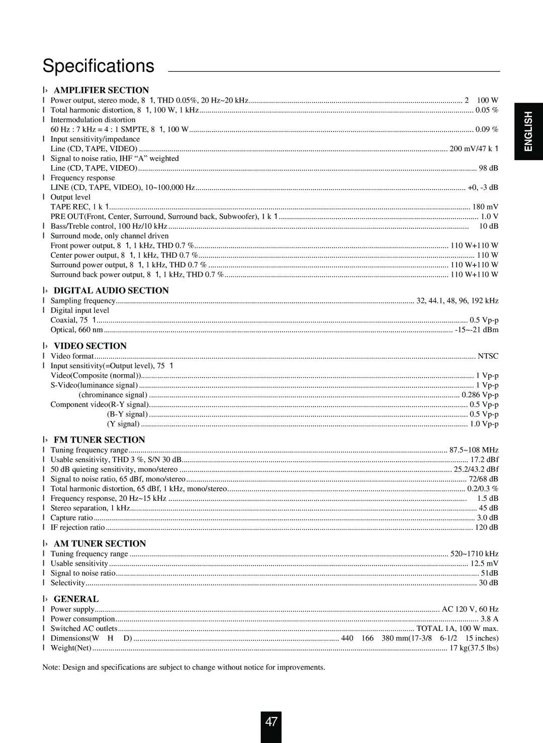 Sherwood R-863 manual Specifications, Amplifier Section 