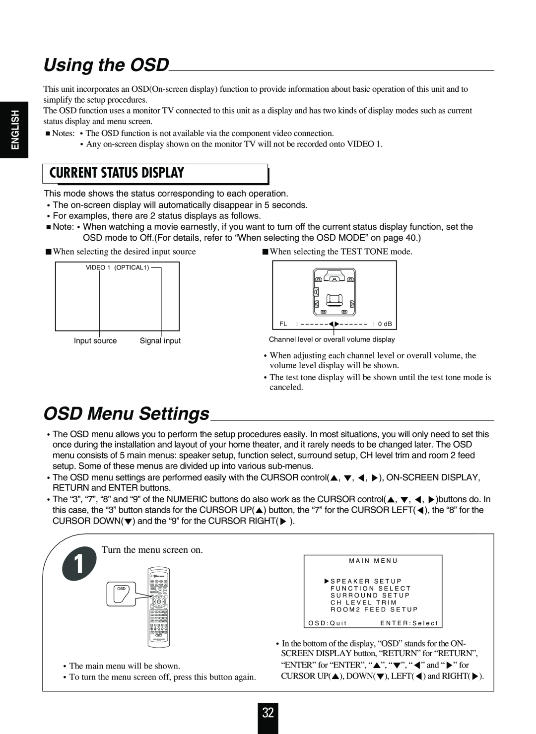 Sherwood R-863 manual Using the OSD, OSD Menu Settings, Current Status Display, English 