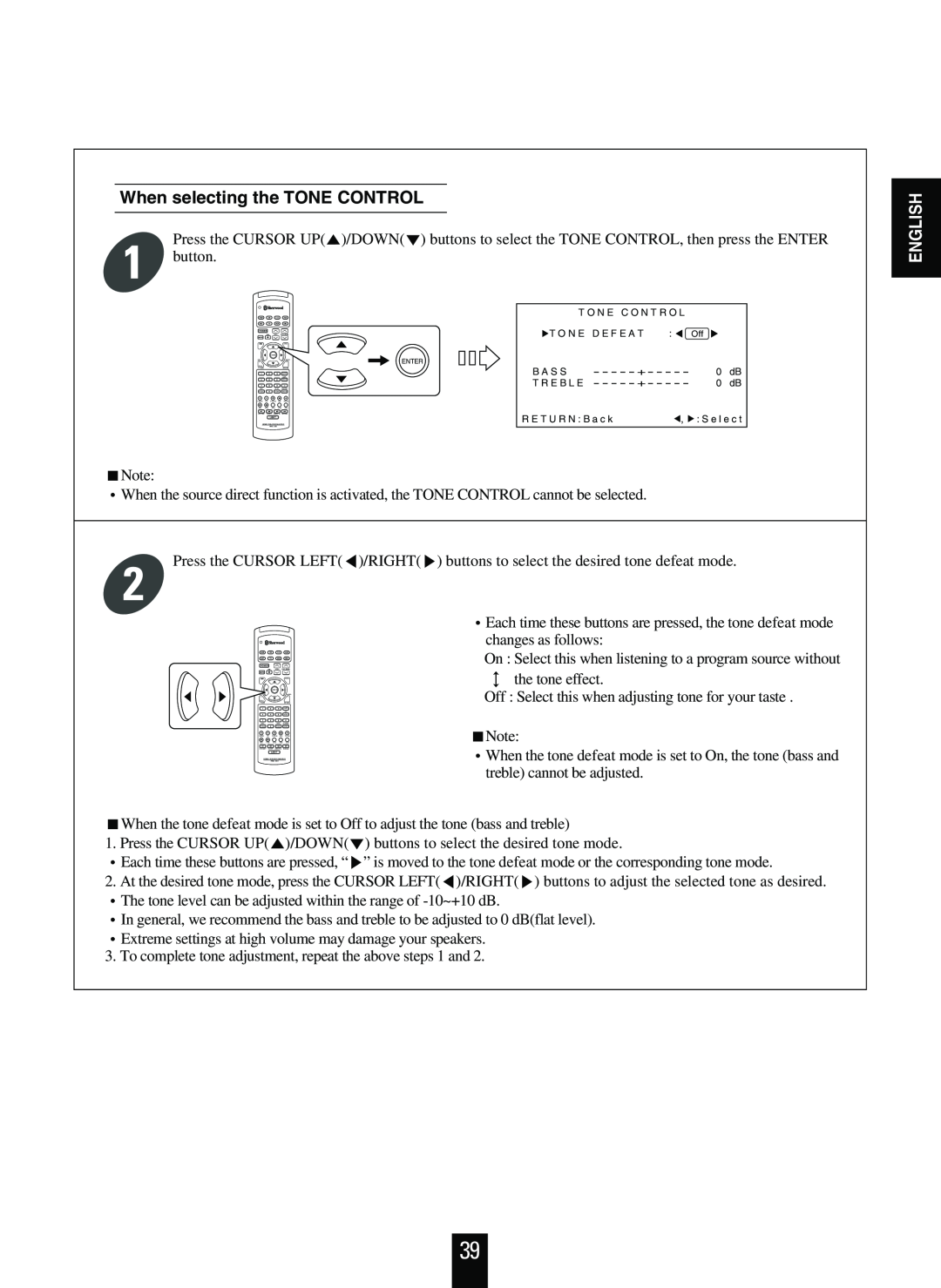 Sherwood R-863 manual When selecting the TONE CONTROL, English 