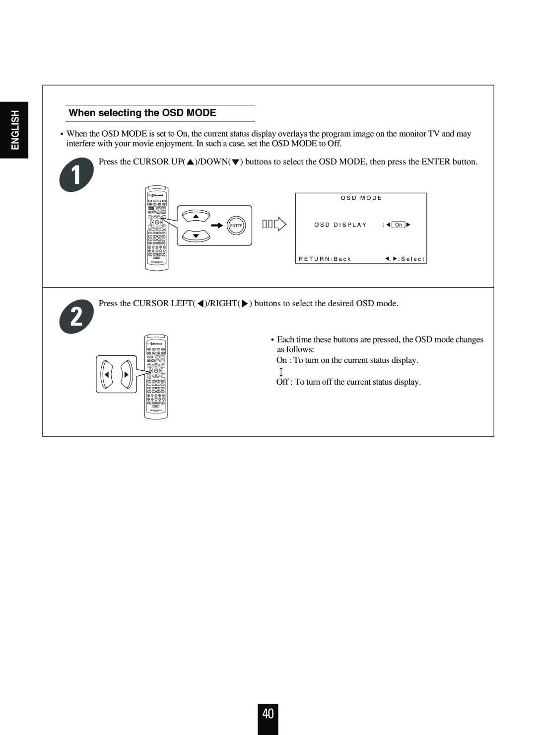 Sherwood R-863 manual When selecting the OSD MODE, English 