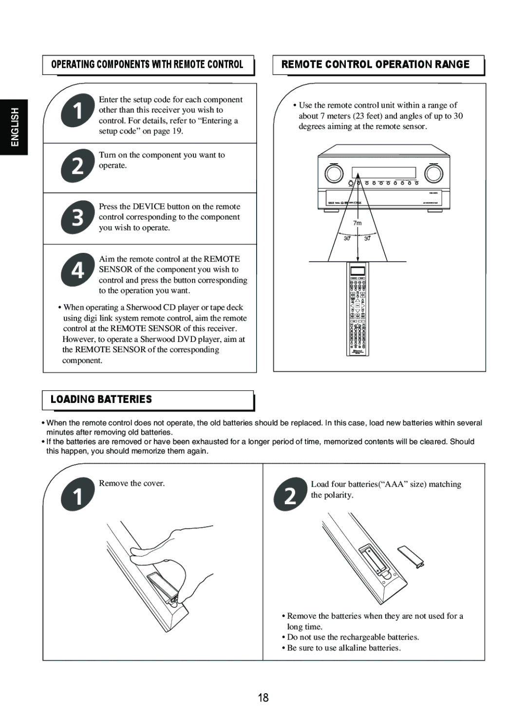 Sherwood R-865 manual Loading Batteries, Remote Control Operation Range 