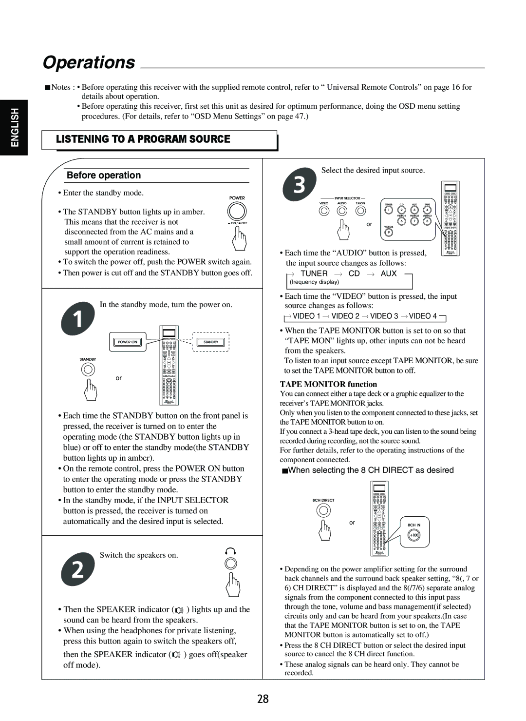 Sherwood R-865 manual Operations, Listening to a Program Source, Before operation, Tuner CD AUX 