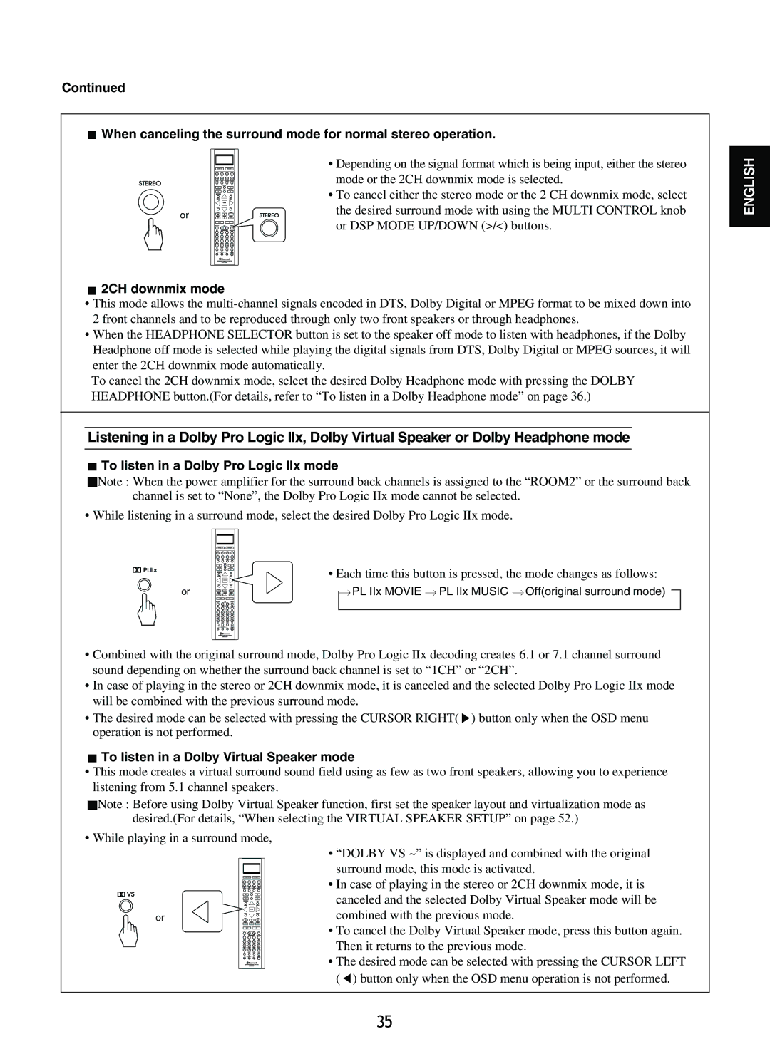 Sherwood R-865 manual 2CH downmix mode, To listen in a Dolby Pro Logic IIx mode, To listen in a Dolby Virtual Speaker mode 