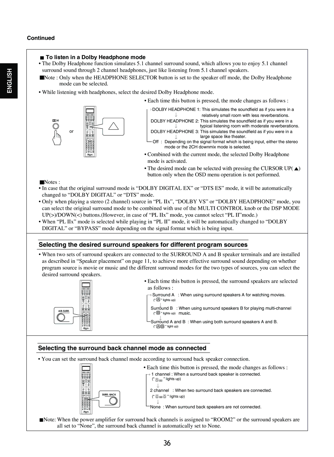 Sherwood R-865 manual Selecting the surround back channel mode as connected, To listen in a Dolby Headphone mode 