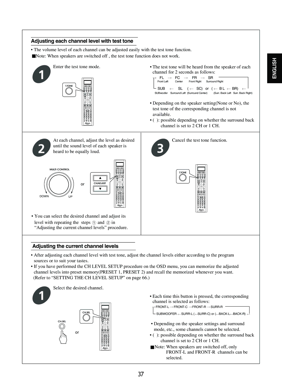 Sherwood R-865 manual Adjusting each channel level with test tone, Adjusting the current channel levels 