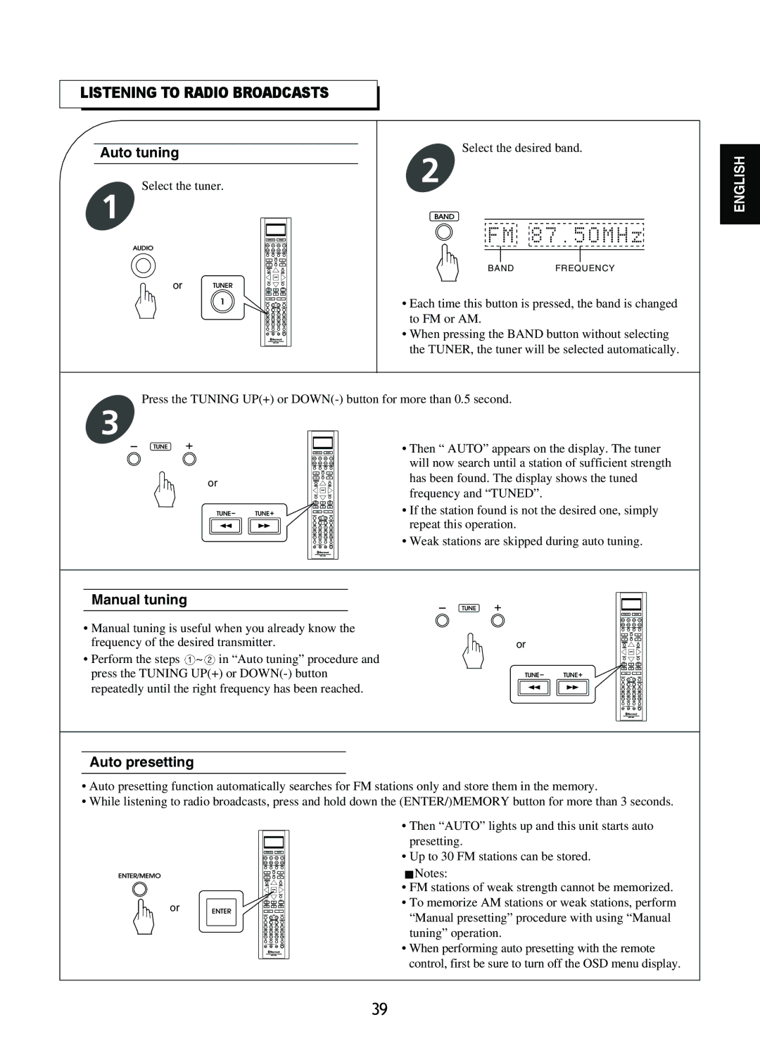 Sherwood R-865 manual Auto tuning, Manual tuning, Auto presetting 