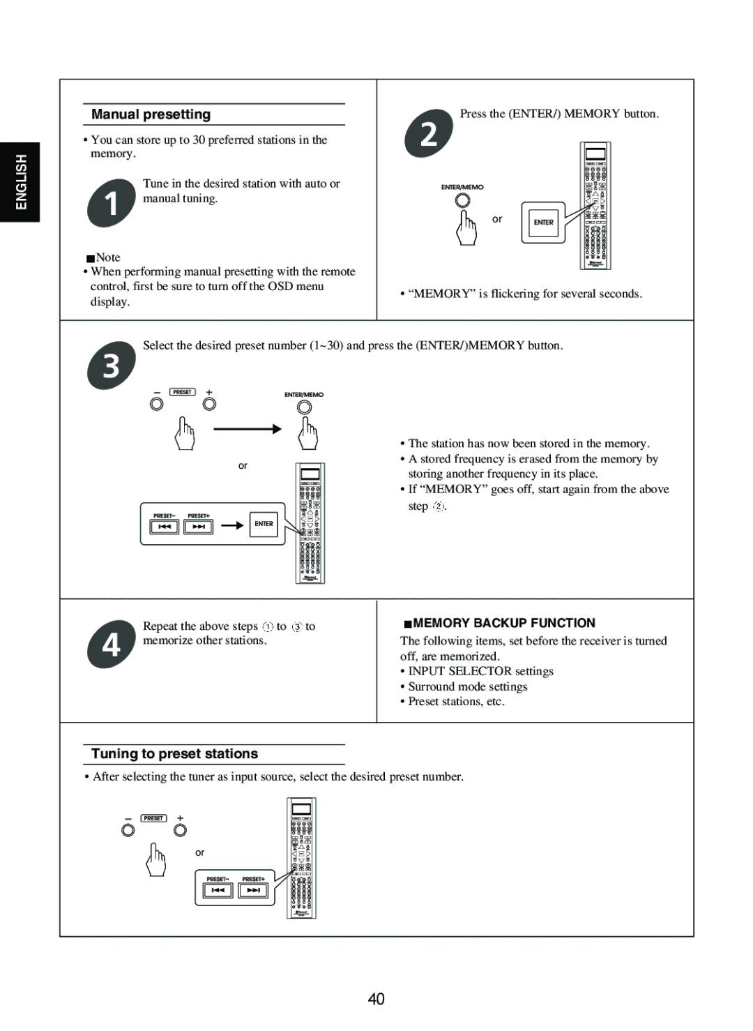 Sherwood R-865 manual Manual presetting, Tuning to preset stations 