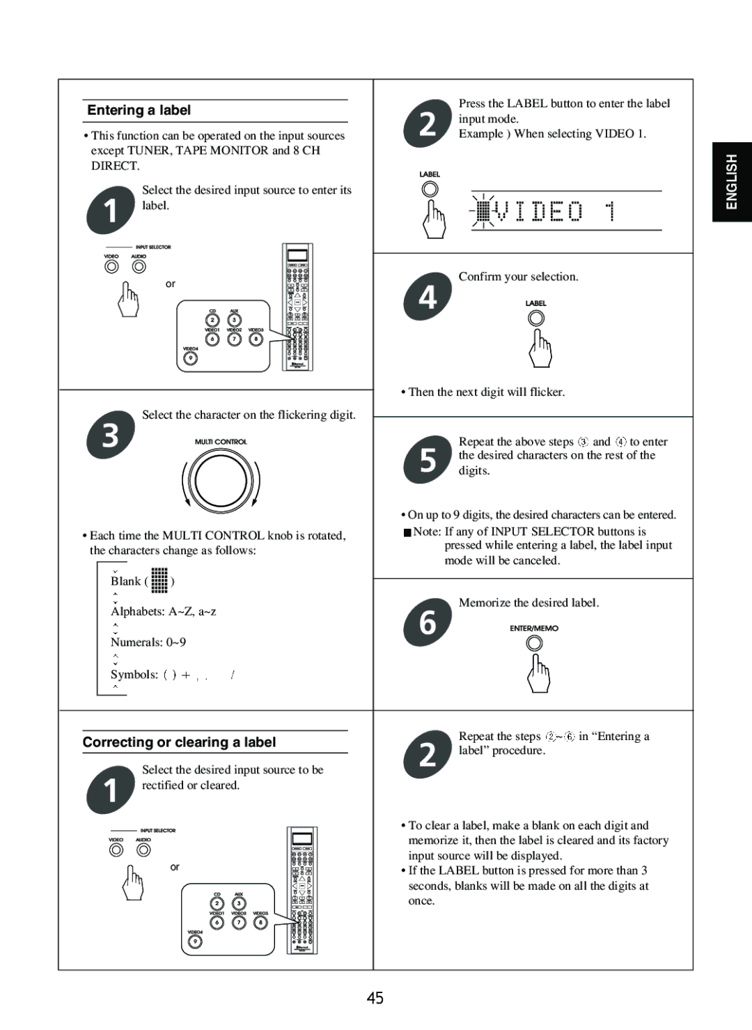 Sherwood R-865 manual Entering a label, Correcting or clearing a label 