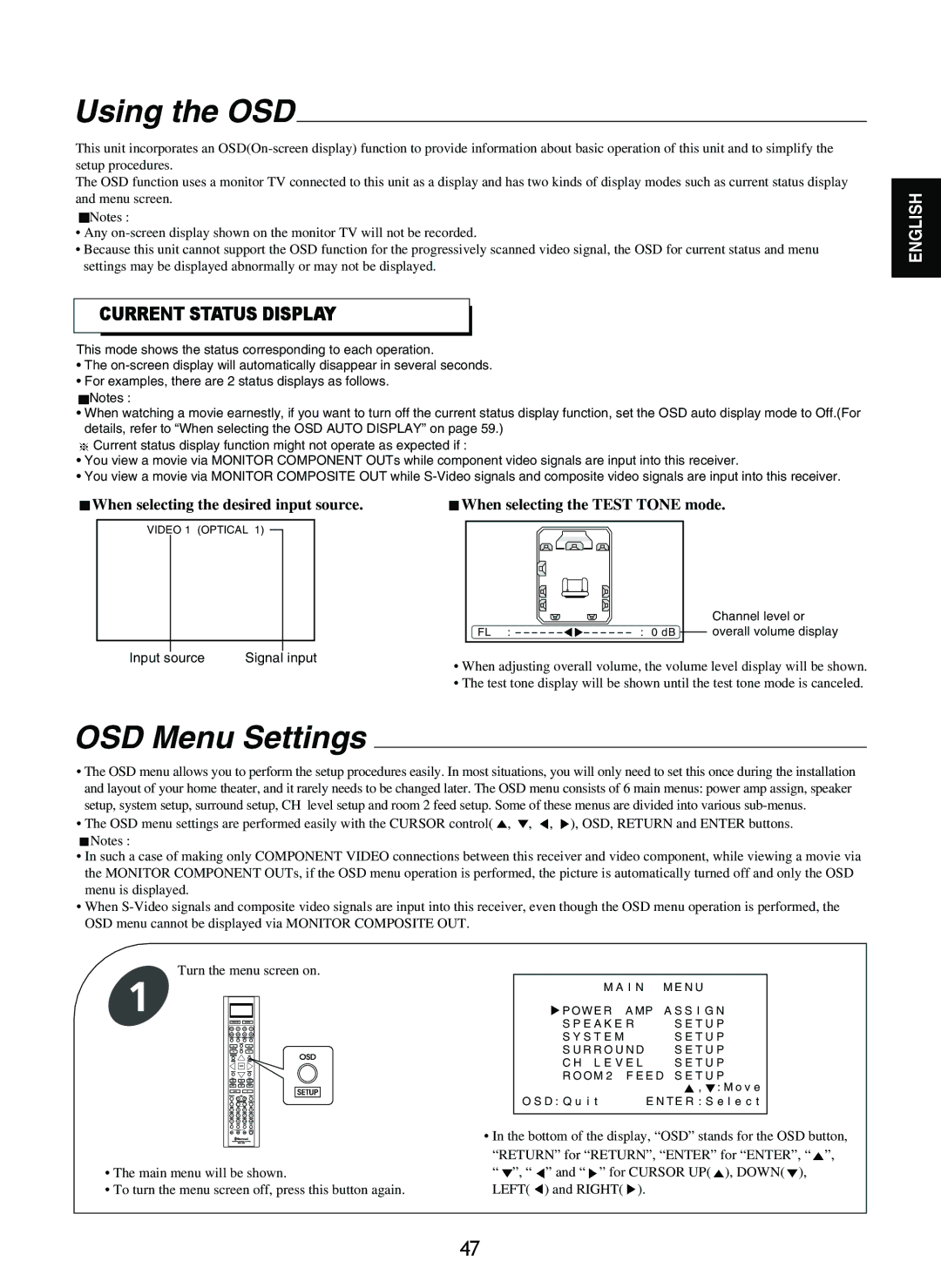 Sherwood R-865 manual Using the OSD, OSD Menu Settings, Current Status Display 