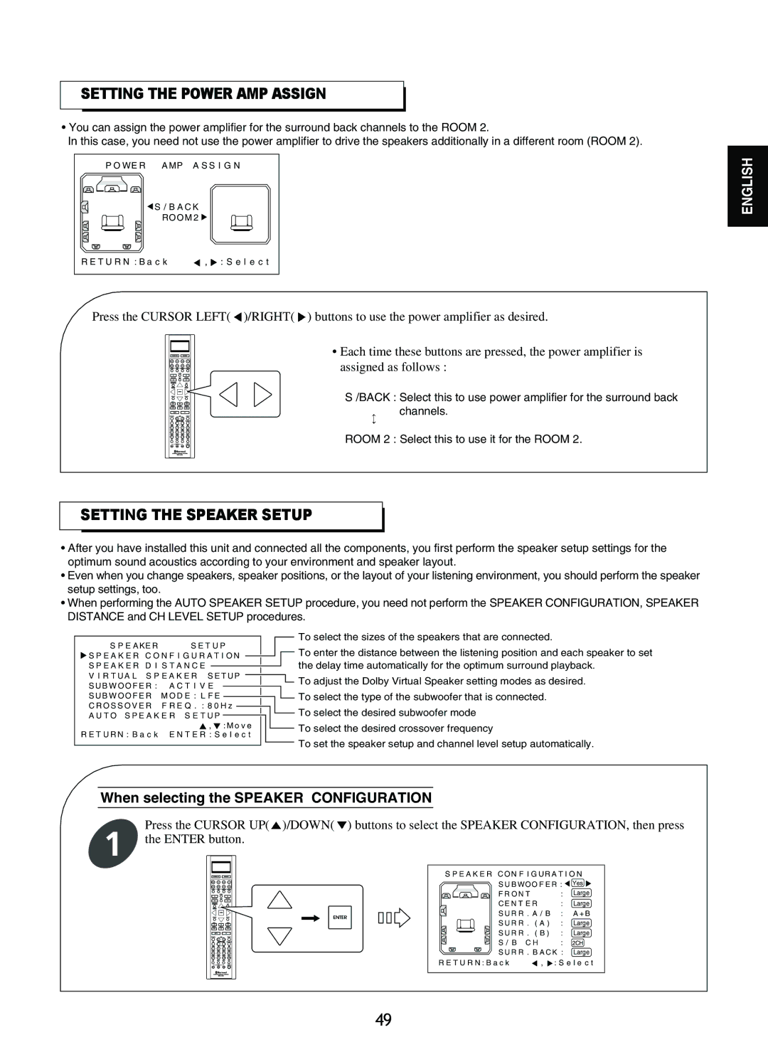 Sherwood R-865 manual Setting the Power AMP Assign, Setting the Speaker Setup, When selecting the Speaker Configuration 