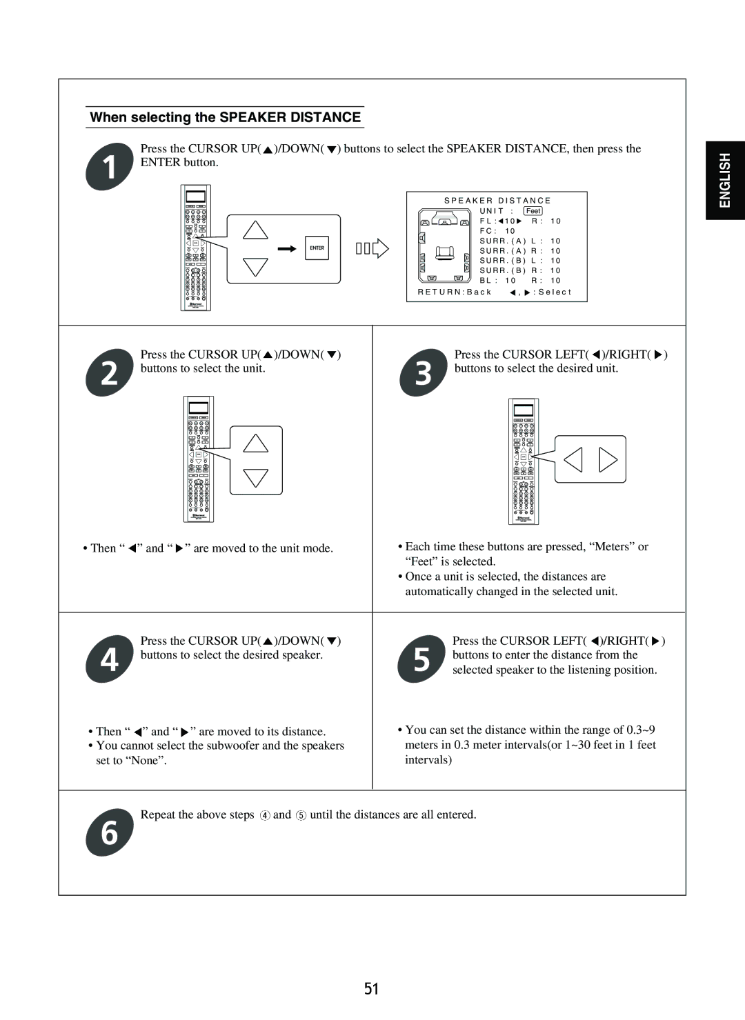 Sherwood R-865 manual When selecting the Speaker Distance, Down 