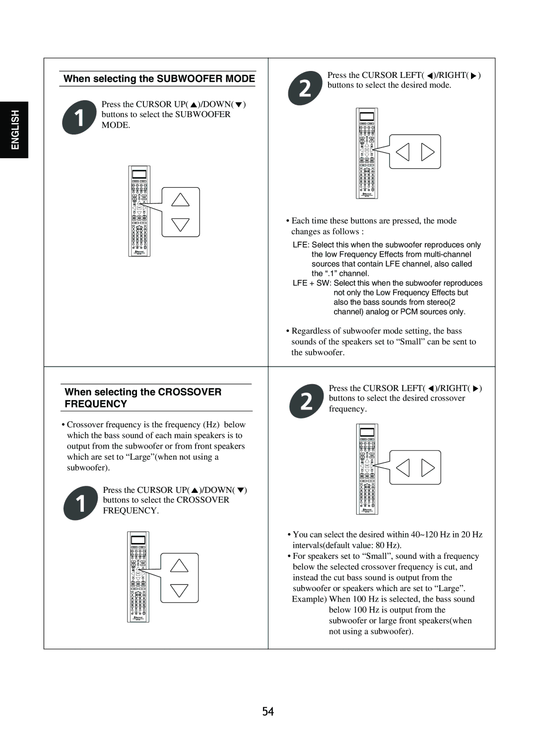 Sherwood R-865 manual When selecting the Subwoofer Mode, When selecting the Crossover 