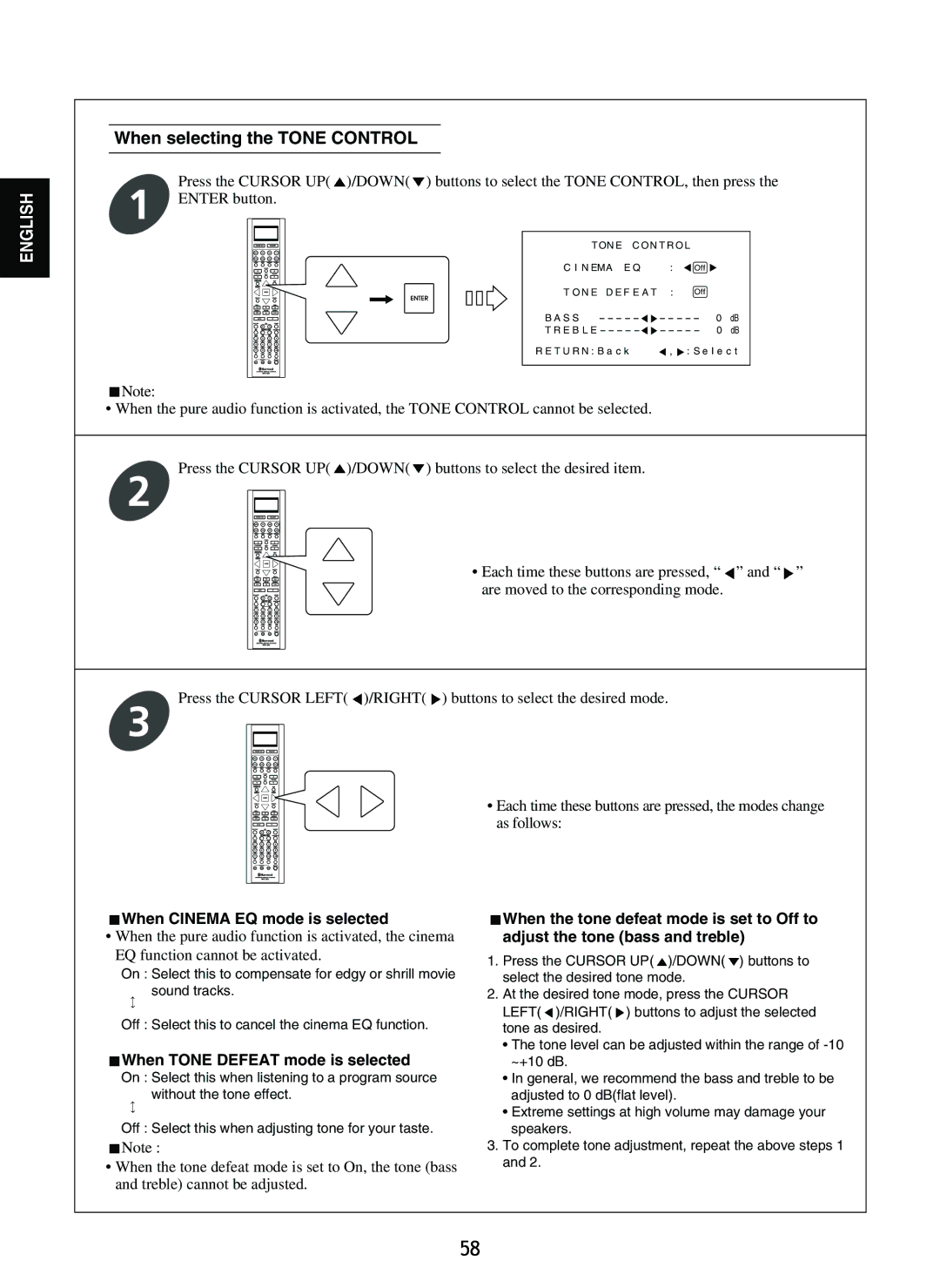 Sherwood R-865 manual When selecting the Tone Control, When Cinema EQ mode is selected, When Tone Defeat mode is selected 