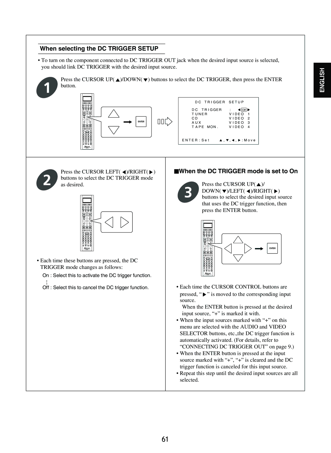 Sherwood R-865 manual When selecting the DC Trigger Setup, When the DC Trigger mode is set to On 