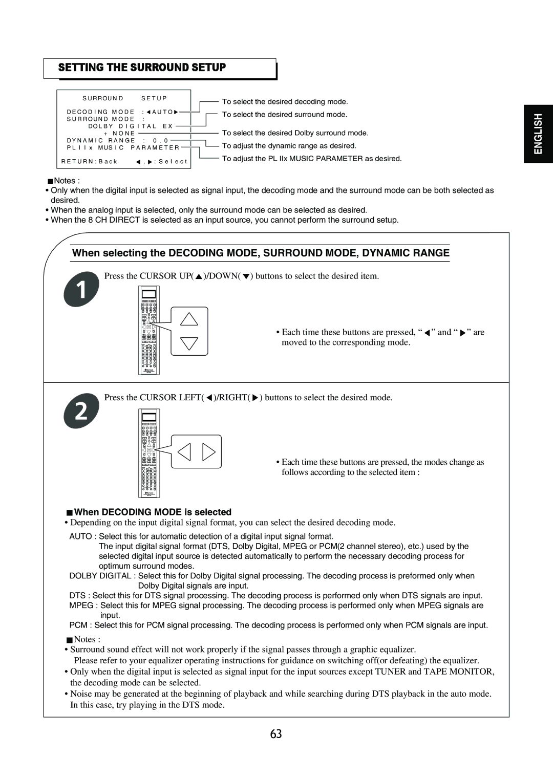 Sherwood R-865 manual Setting the Surround Setup, When Decoding Mode is selected 