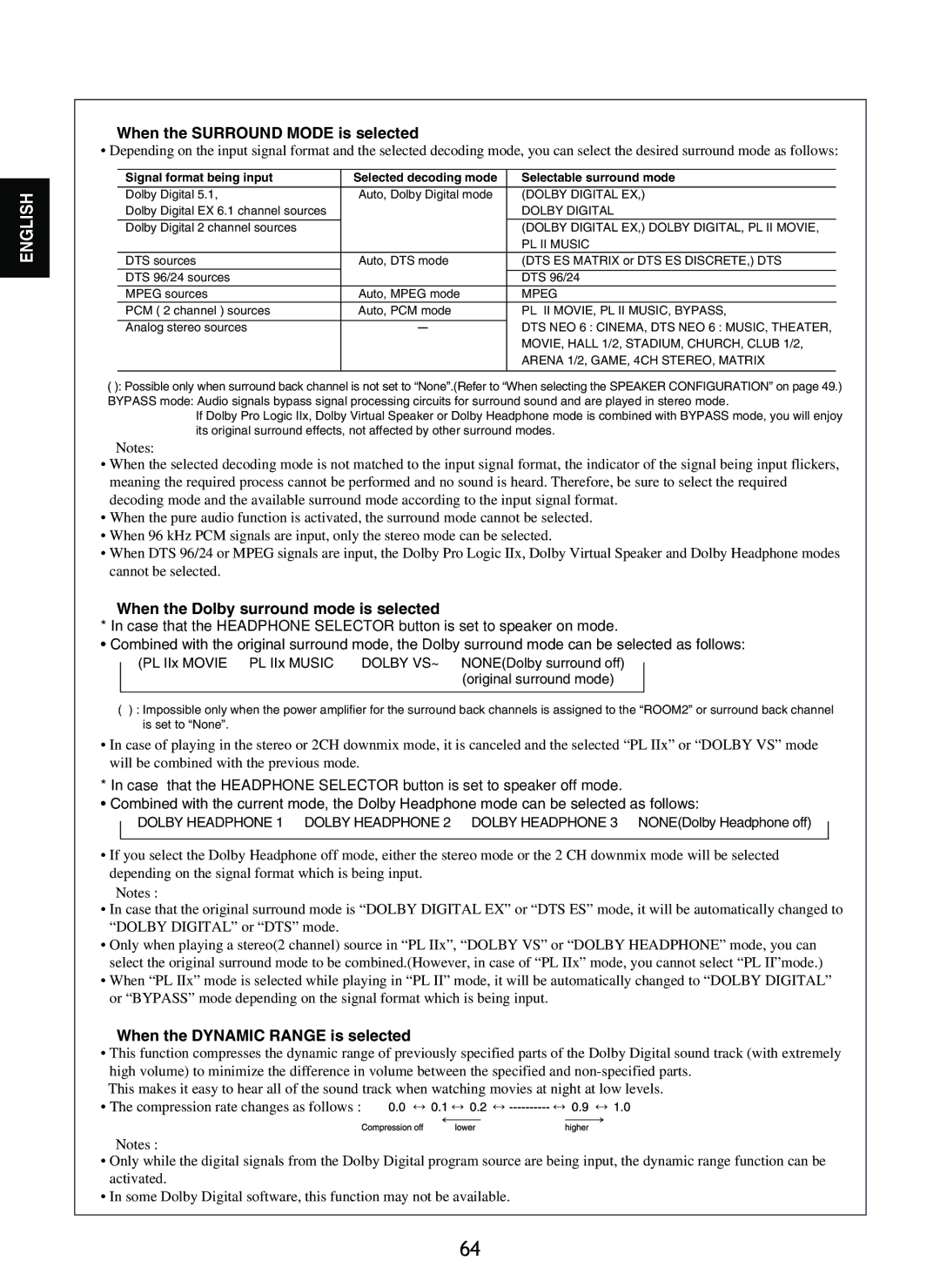 Sherwood R-865 manual When the Surround Mode is selected, When the Dolby surround mode is selected 