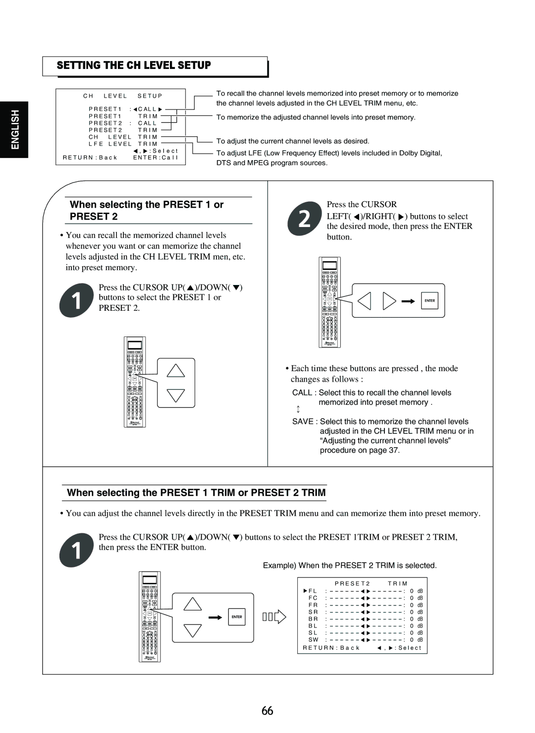 Sherwood R-865 manual Setting the CH Level Setup, When selecting the Preset 1 or 