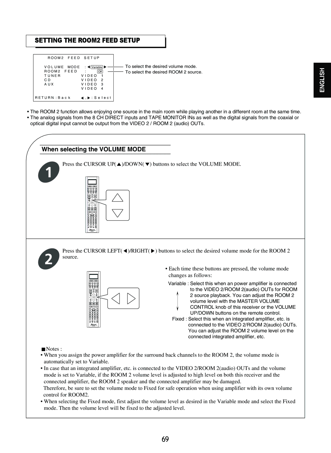 Sherwood R-865 manual Setting the ROOM2 Feed Setup, When selecting the Volume Mode 