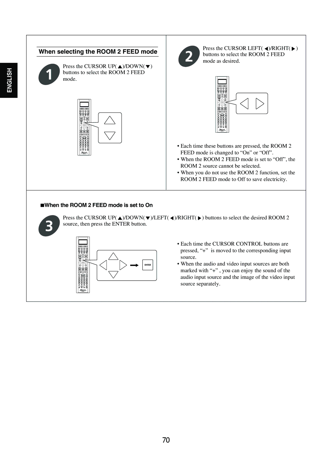 Sherwood R-865 manual When selecting the Room 2 Feed mode, When the Room 2 Feed mode is set to On 