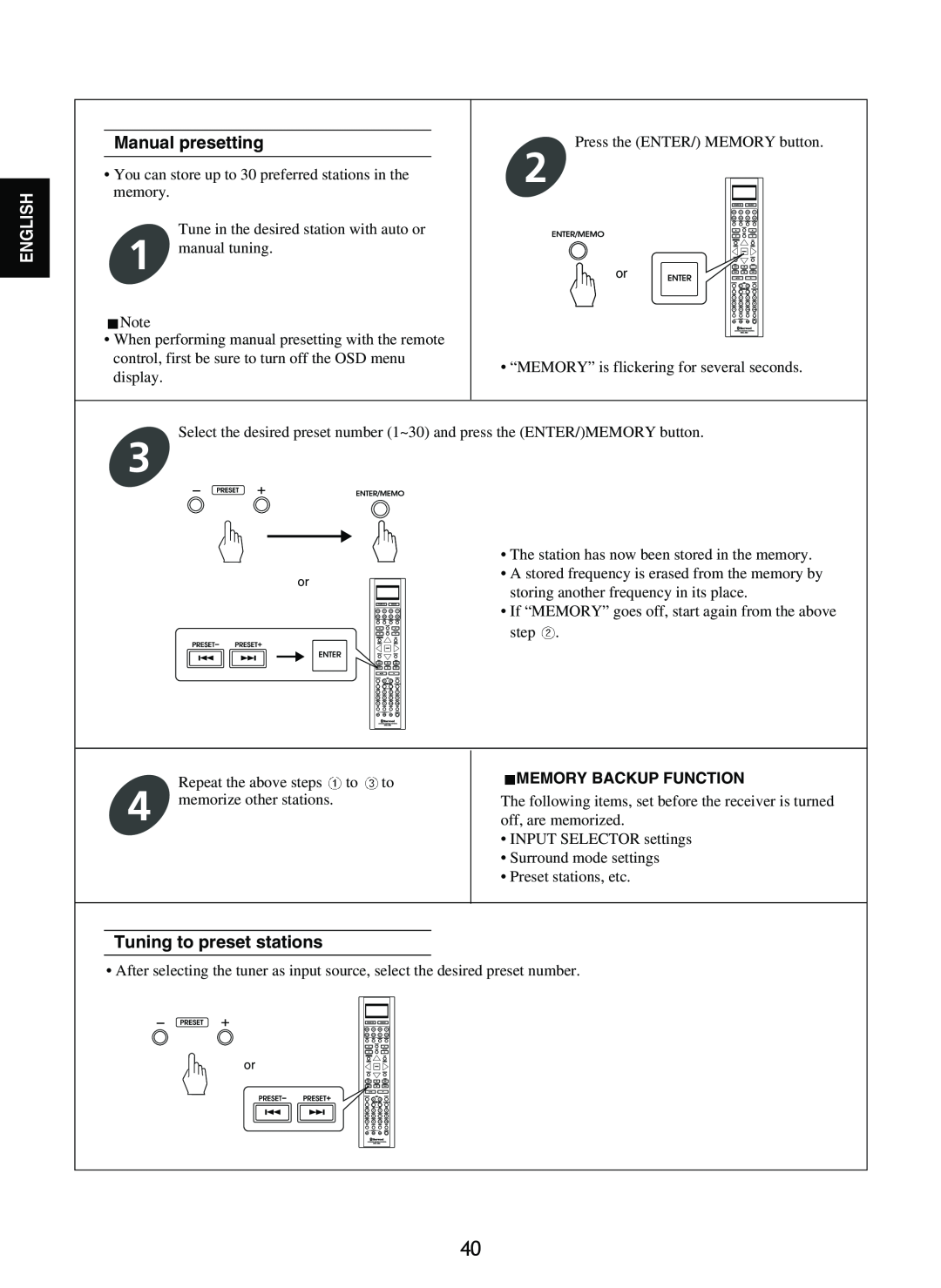 Sherwood R-865 manual Manual presetting, Tuning to preset stations, Memory Backup Function, English 