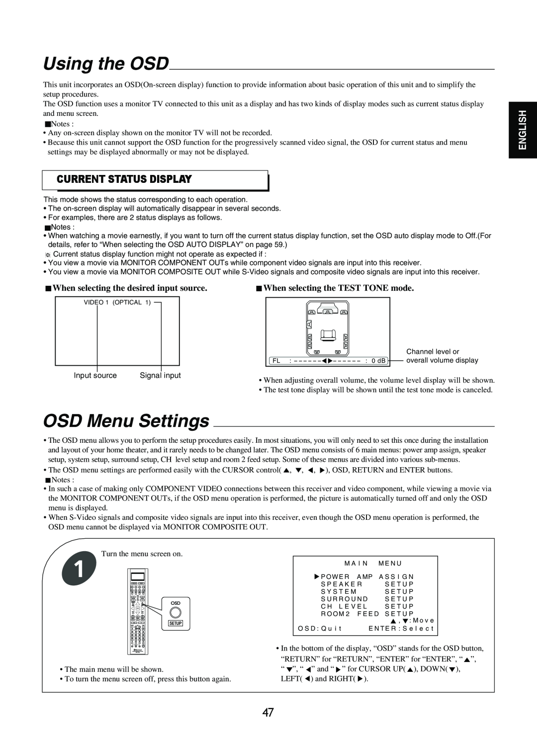 Sherwood R-865 Using the OSD, OSD Menu Settings, Current Status Display, When selecting the desired input source, English 